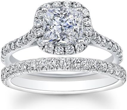1.52 carat Princess &amp; Round Brilliant Cut Diamond Halo Anniversary Bridal Ring Set in 14k White Gold