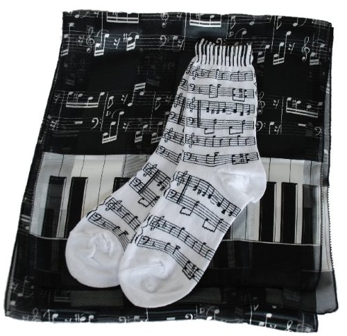 Ladies Black & White Music Gift Set: Piano Keyboard Oblong Scarf & Socks