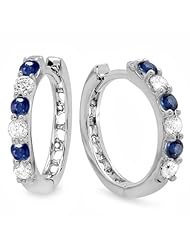 0.33 Carat (ctw) 14k White Gold Round Blue Sapphire & White Diamond Ladies Huggies Hoop Earrings 1/3 CT