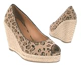 Camel Brown Leopard Print Peep Toe High Heel Espadrille Wedges Size 5.5