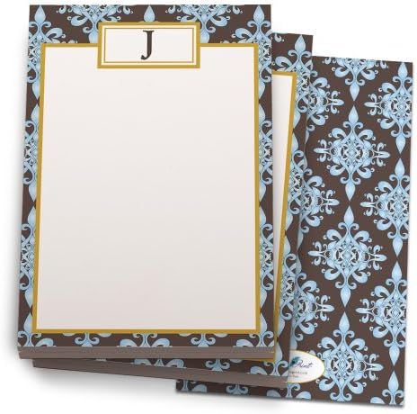 Blue and Chocolate 'Floral' Note Pad with 'J' Monogram. 24 Luxe Cover Stock Sheets per set. 2-pack.