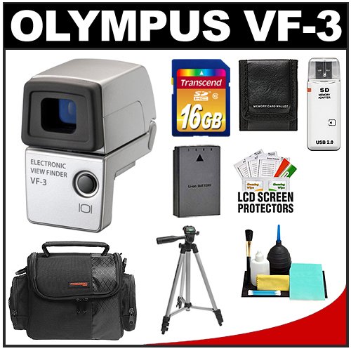 Best Price Olympus Pen VF-3 Electronic Viewfinder (Silver) for Micro Four Thirds E-P1, E-P2, E-P3, E-PL1, E-PL2, E-PL3, E-PM1 & XZ-1 Digital Cameras with 16GB SD Card + BLS-1/BLS-5 Battery + Case + Tripod + Cleaning Accessory Kit