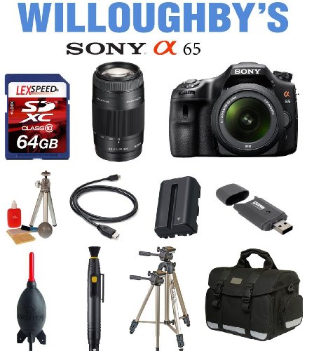 Sony Alpha SLT-A65VK Digital SLR Deluxe Kit Includes Sony SLT-A65 Digital SLR Camera + Sony DT 18-55mm f/3.5-5.6 Zoom Lens + Sony SAL75300MM F4.5-5.6 Telephoto Lens + 64GB LexSpeed SDXC Class 10 Memory Card + Deluxe Gadget Bag + Extra Spare DSLR Battery + 6' HDMI Cable + Sunpak Tri-Monopod