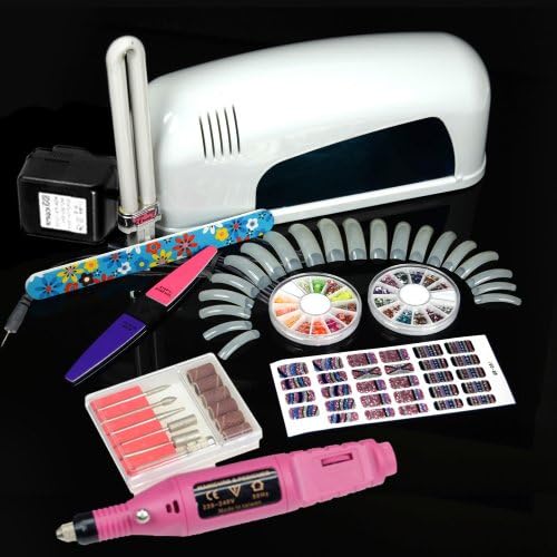 6 file pedicure machine electric nail art drill & 9W NAIL Acrylic Gel UV CURING Light Drying Lamp Dryer SPA Equipment Polish Tool with FREE 1 Nail buffing, Nail sanding file, Fashion paster, 20 French tips, 20 Nail art wheel