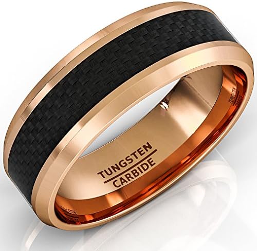Mens Wedding Band 8mm Rose Gold Tungsten Ring Black Carbon Fiber Surface Beveled Edges Comfort Fit (10)
