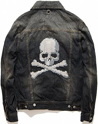 Easy Mens Fashion Skull Embroidery Solid Buttons Washing Denim Jacket M