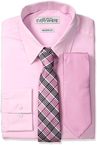 Nick Graham Everywhere Men's Solid Dress Shirt with Two Ties, Pink, Large/R 16/16.5" Neck 32/33" Sleeve
