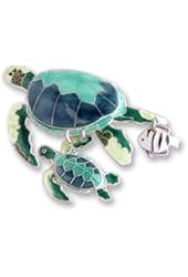 Green Turtles and Fish Sterling Silver and Enamel Pin