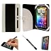 Black White Protective Slim and Durable Professional Faux Leather Portfolio Cover Carrying Case with Memory Card Slots for HTC Flyer 3G WiFi HotSpot GPS 5MP 16GB Android OS AD2P 7 Inch Tablet Device + Includes a eBigValue (TM) Determination Hand Strap + Includes a Universal Graphic Designer Stylus Pen used for navigating your eReader + Includes a Anti Glare Screen Protector