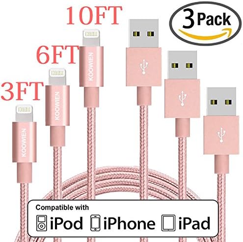 Lightning Cable, KOOWIEN 3PCS 3FT 6FT 10FT 8pin Nylon Braided Extra Long Charging Cable USB Cord Charger for Apple iphone 7, 7plus, SE,iPhone 6s, 6s+, 6+, 6,iPad Mini,Air,Pro,iPad5,iPod (Rose Gold)