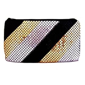 Multi Gold Silver Black Mesh Diagonal Stripes Cosmetics Makeup Bag Case Travel Evening Purse