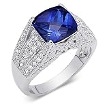 Sparkling Beauty Cushion Cut Checker Board Created Blue Sapphire & White CZ Size 7 Gemstone Ring in Sterling Silver