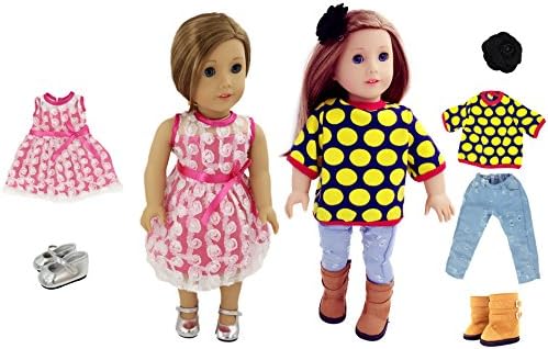 2 Outfits Set plus Boots Fits 18 Inch American Girl Doll - Casual Jeans Style and Pink SweetHeart