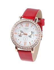 Quartz PU Leather Wrist Watch Analog Watch Timepiece with Rhinestones & 3 Sub-Dials Decor for Woman Lady - Red SWWM3-58497