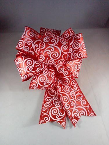 Red Bow Wired Red Bow With White Swirls Handmade Red and White Bow 9 Inch Diameter