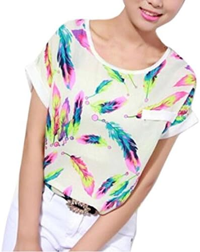 Choutia Women Feathers Chiffon Blouse Top Casual Short Sleeve Loose T-Shirt (M, AS SHOW)