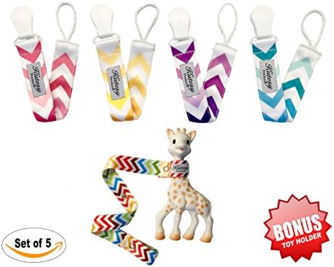 Pacifier Clip + BONUS Toy Holder by Kutesy Products- Set of 5 - Premium Quality - Perfect Baby Shower Gift for Boys and Girls - Stylish Chevron Design - Durable Pacifier Holder