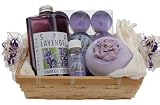 Wellness Geschenkset 6 tlg. SPA Lavendel Duschgel und Shampoo, Badebombe, Duftöl, Teelichter, Handtuch 30x30 creme - weiß im Bambuskorb
