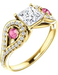 10K Yellow Gold Princess Cut Diamond and Pink Sapphire Ring -- LIFETIME WARRANTY