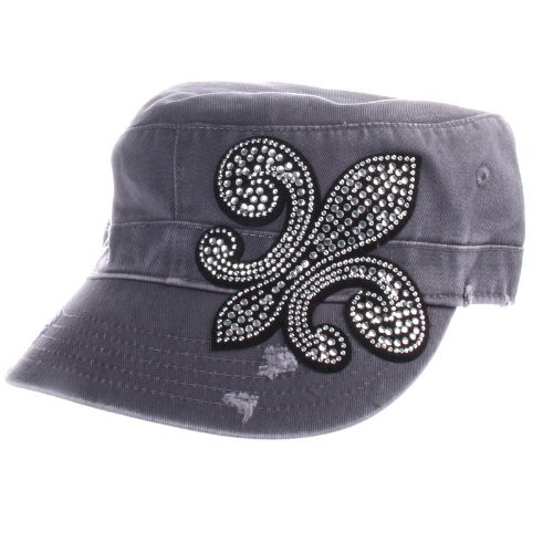 Olive & Pique Crystal Rhinestone Fleur De Lis Distressed Military Cadet Cap