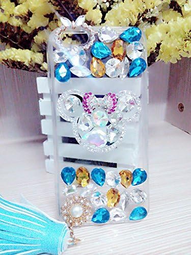 SpicyQ® Luxury 3D Handmade Lovely Mickey Mouse Ear and Bow-tie Design Shiny Bling Sparkle Glitter Diamond Rhinestone Soft Clear TPU Cover Cute Pendent Case for iPhone 6s Plus (Blue)