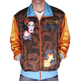 ED HARDY by Christian Audigier Mens Tattoo Graffiti Track Jacket Shirt Chocolate Brown