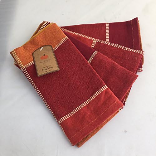 Well Dressed Home Orange, Rust, Yellow and Natural Large Autumn Check Cotton Fabric Four (4)-Piece Dinner Napkins