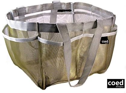 Quick dry nylon Shower caddy mesh net 7 pockets tote organizer cosmetic glamour bag 2 handles Bigger Size ~10 in x 8 in x 8 in for College dormitory bathroom accessories gym condo beach baby diaper bag - GOLD