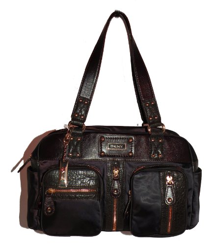 DKNY Satchel - leather, trimmed satin nylon, chocolate, brown