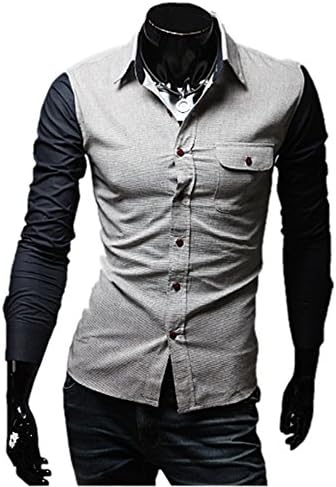 Free2mys Men's British Style Patchwork Long Sleeve Slim Oxford Shirt (Dark Blue Sleeve, Asia XXL)