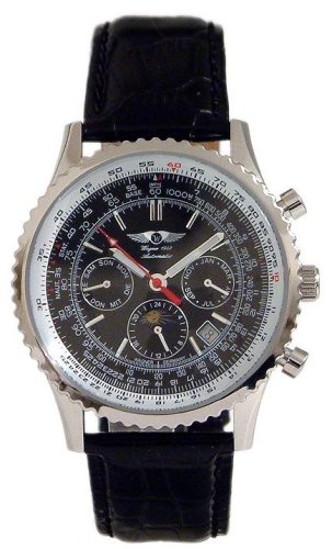 Wagner Herrenarmbanduhr-Automatik-Uhr Airtimer schwarz, Lederarmband