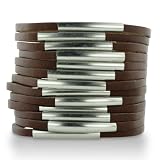 Brown Shredded Leather and Silver Tone Accented Cuff Bracelet