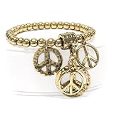Burnished Gold Multi Peace Charms and Crystal Stud Beads Stretch Bracelet Fashion Jewelry