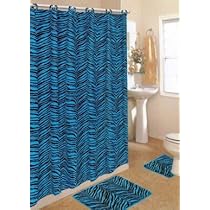 Zebra Skin Blue Print Bathroom Rug Shower Curtain Mat / Rings