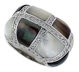 Black & White Mother of Pearl Dome Band in Solid Sterling Silver, Accented with Tiny High Quality CZ's, 5/8 (16mm) wide