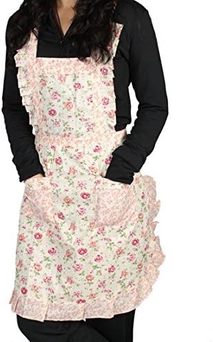 WASKY New Classical Sweet Cotton Grid Pattern Working Chefs Kitchen Cooking Cook Women's Bib Apron with Bowknots Pockets Stylish Rose Flower Pattern Women's Chefs Cooking Cook Apron Bib with Pockets