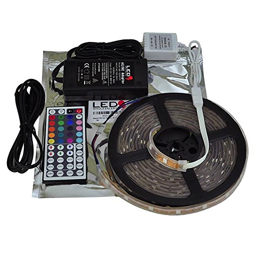 LEDwholesalers RGB Color Changing Kit with 44-Button Controller, Power Supply, and IP66 Waterproof 16.4-Feet Flexible LED Strip, 2038RGB+3315+3228