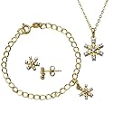 Yellow Gold Overlay Sterling Silver Girl's Snowflake Earrings, 6" Bracelet, and 13" Pendant Set
