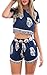 Eshion Vintage Style Women 2 Pcs Leaf Pattern Bohemian Crop Tops+Shorts Set (Small, Navy Blue)