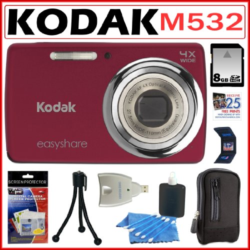 Kodak EasyShare M532 14 MP Digital Camera with 4x Optical Zoom and 2.7-Inch LCD in Red + 8GB Accessory Kit