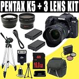 51rpHEPj6QL. SL160  Pentax K 5 16.3 MP Digital SLR with 18 55mm Lens and 3 Inch LCD (Black) + Two DLI90 Battery + 16GB SDHC + Wide Angle / Telephoto Lenses DavisMAX Accessory Kit Bundle Reviews