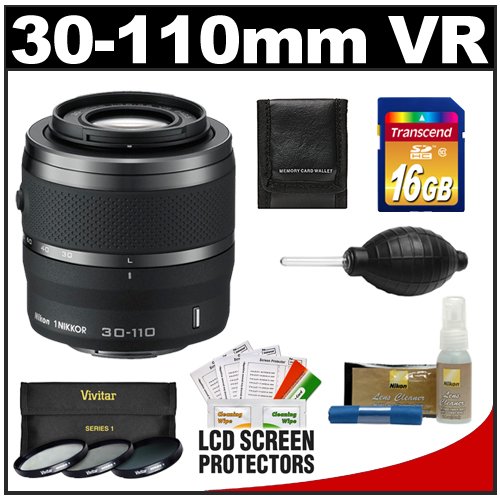 Nikon 1 30-110mm f/3.8-5.6 VR Nikkor Lens (Black) with 16GB Card + 3 UV/CPL/ND8 Filters + Cleaning & Accessory Kit for Nikon 1 V1, J1 Interchangeable Lens Digital Camera