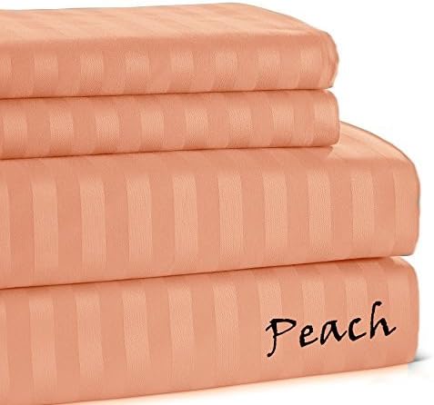 NH Bedding's Luxuriously Hotel 400- Thread-Count 100% Egyptian Cotton Size ( King ) 4-Piece Sheet Set Stripes With 14" Deep Fitted Sheet Pocket, ( Peach ) Made By NH Linen