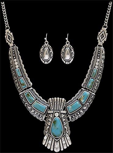 Western Necklace Silver and Turquoise Necklace Bib and Earring Set by Silver Strike