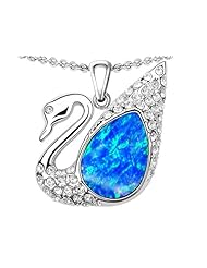 Candygem 925 Sterling Silver .75inch Love Swan Pendant with Lab Created Blue Opal. Free 18 Inch Silver Chain, Free Gift Box.