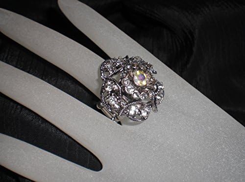 Clear/Clear AB Flower Rhinestone Antique Silver Pewter Stretch Ring