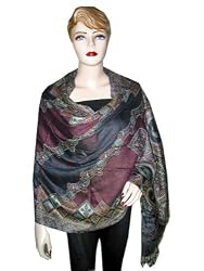 India Jamawar Wine Berry Cutwork Pashmina Shawl 80"x28" Free Shipp