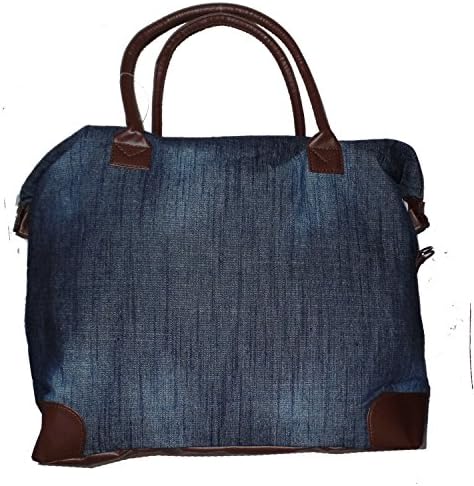 Denim Weekender Bag with Exterior Zipper Pocket and Faux Leather Trim and Handles *Can Be Personalized (Blank, Dark Denim - Brown Trim)