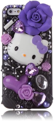 FiveLimit(TM) For Apple iphone 5 and 5S 3D Bling Luxury Crystal Fairy-Tale Purple Hello Kitty Flower Case Cover Skin (Package includes: 1 X Screen Protector, And Extra Pearls) (Purple Fairy Kitty)