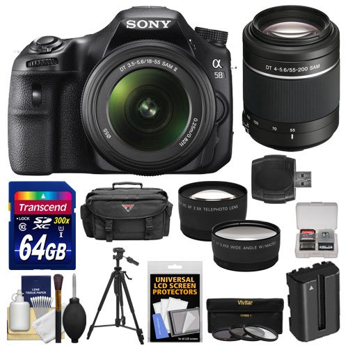 Sony Alpha SLT-A58 Digital SLR Camera Body & 18-55mm with 55-200mm Lens + 64GB Card + Case + Battery + Tripod + Filters + Tele/Wide Lens Kit